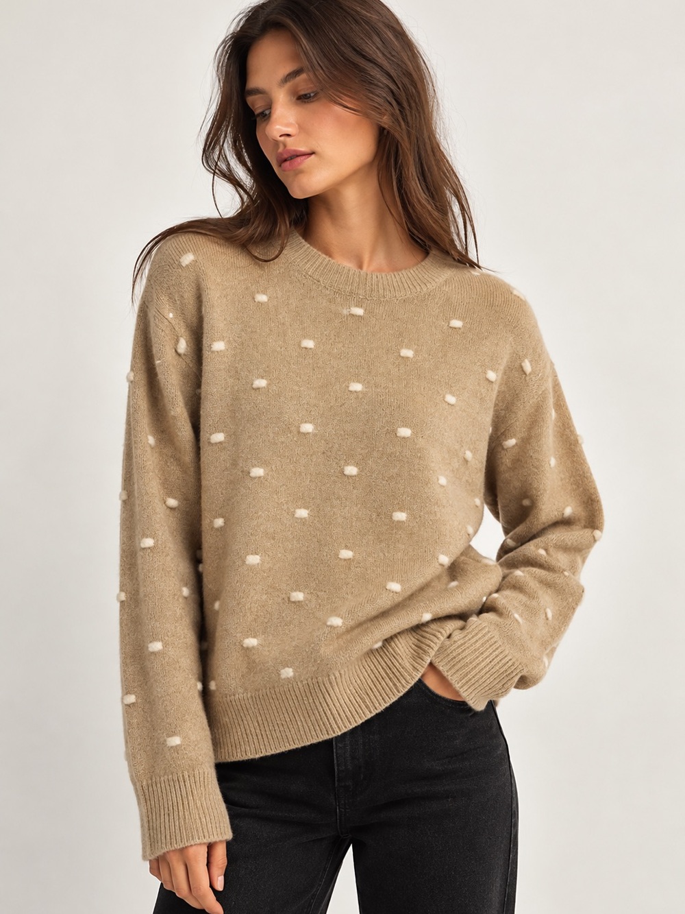 BE COOL Tan Crewneck Sweater with Cream Dot Detail